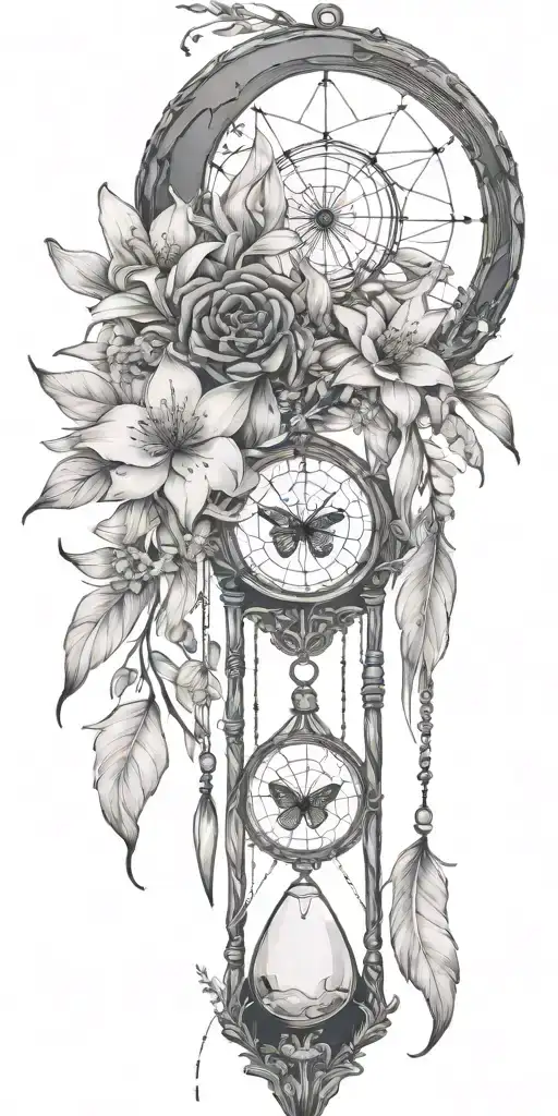 An hourglass moon dream catcher filled with lilies and butterflies Queen Anne's lace  nature tears broken depressed tattoo design idea