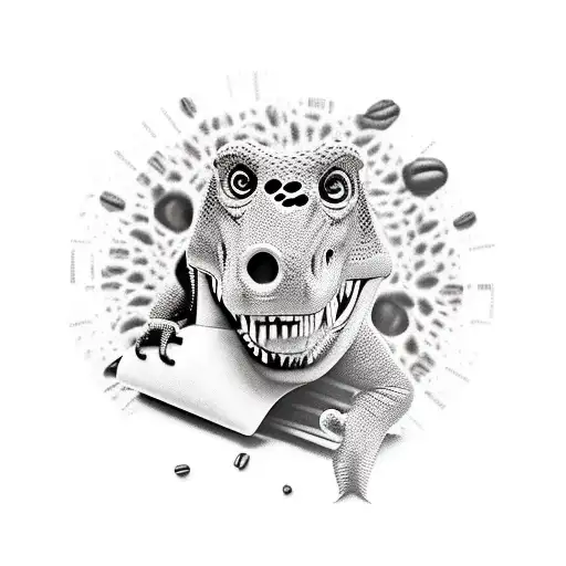 A movie reel with coffee beans instead of film strips, and dinosaurs acting out different movie scenes. tattoo design idea