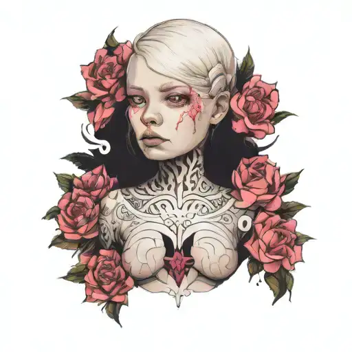 albino girl with pink eyes wearing a chest plate  tattoo design idea