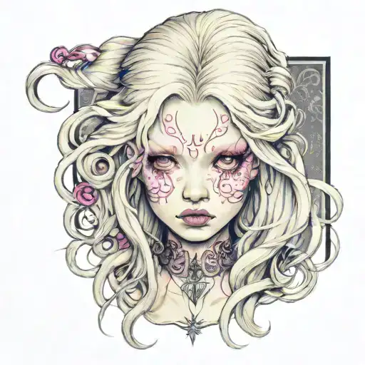 albino girl with pink eyes with insanely long hair wearing glitter tattoo design idea