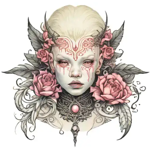albino girl with pink eyes wearing an intricate choker tattoo design idea