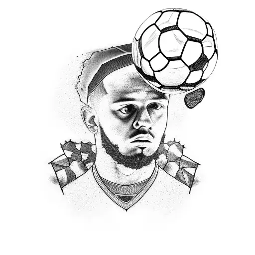A blackwork tattoo of Luciano, your favorite German rap artist, with a soccer ball as his head, combining your passions for rap music and soccer. tattoo design idea