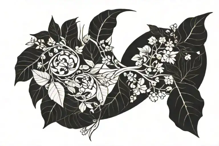 upside down crescent moon with plants tattoo design idea