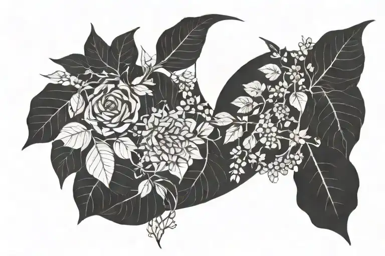 upside down crescent moon with plants tattoo design idea
