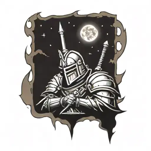 depressed gothic knight gazing at moon tattoo design idea