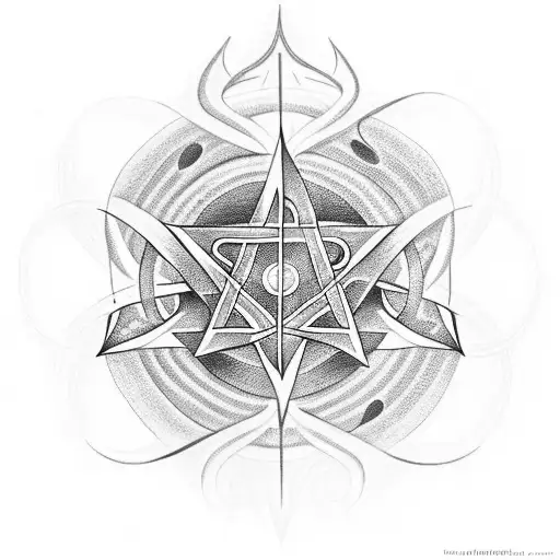 sleeve tattoo featuring the symbols of different religions connected with pentagram tattoo from "Supernatural" tattoo design idea