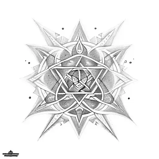 Tribal-inspired tattoo featuring the symbols of different religions connected with pentagram tattoo from "Supernatural" tattoo design idea