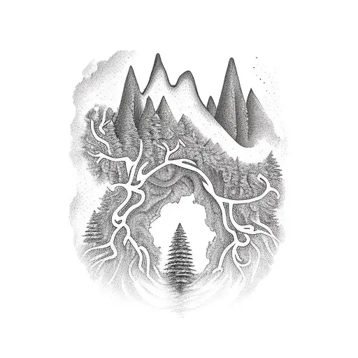 Flourishing nature, creek, mountains inside brain  tattoo design idea