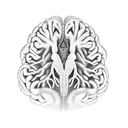 Mental health incorporating a human brain, serine creek with flourishing nature  tattoo design idea