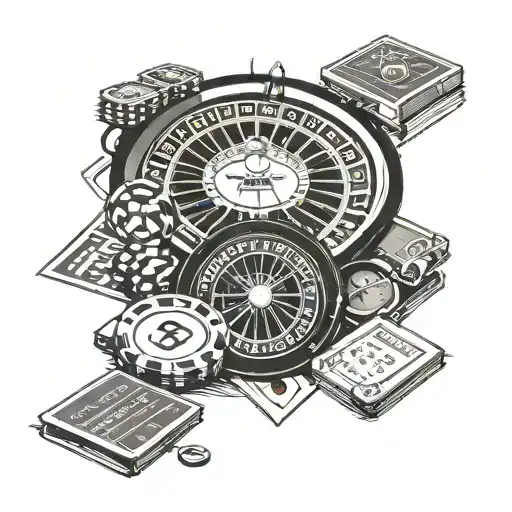 A sports stadium with a gambling theme, featuring blackjack tables and roulette wheels tattoo design idea