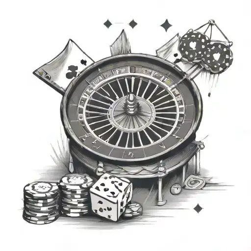 A sports stadium with a gambling theme, featuring blackjack tables and roulette wheels tattoo design idea