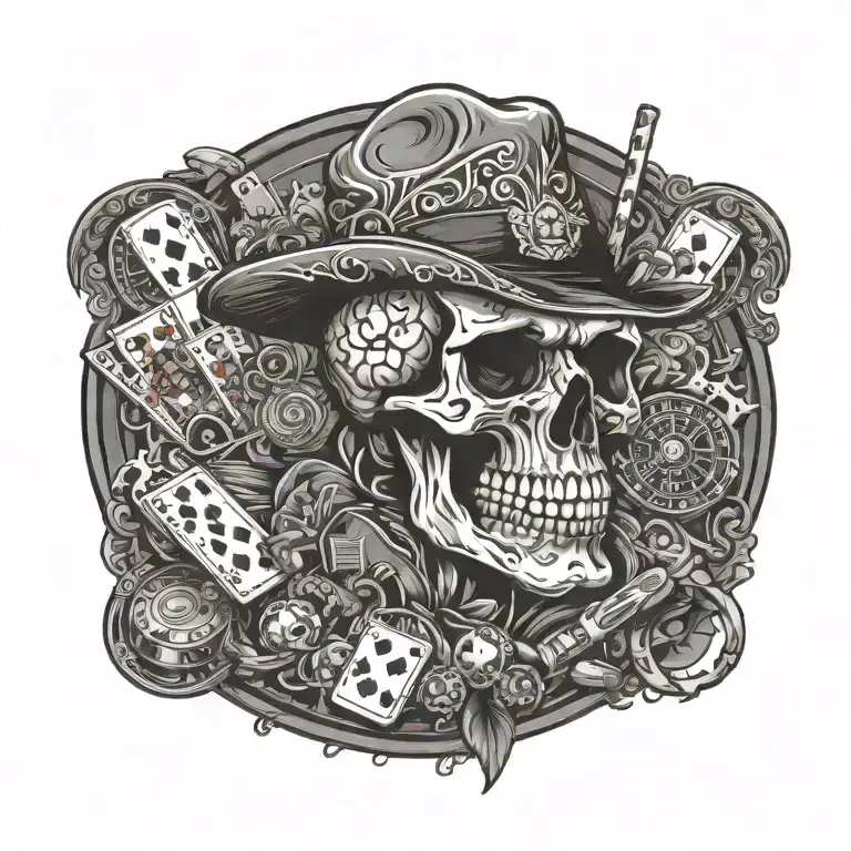 skull blackjack dealer, roulette table tattoo design idea