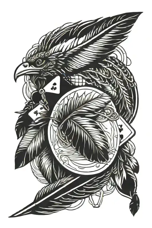 dog tags attached to chain playing cards  turkey feather  tattoo design idea