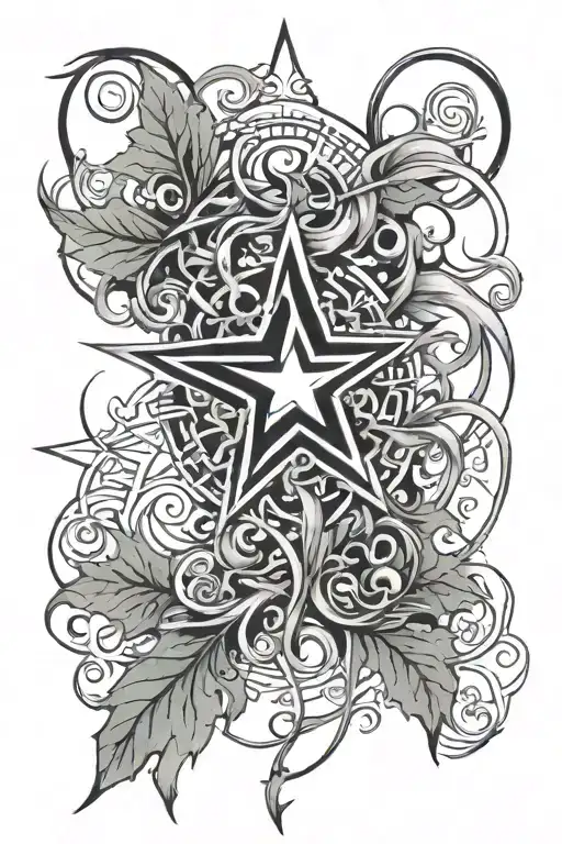 jing jang, star symbol, air sign, leaf tendrils tattoo design idea
