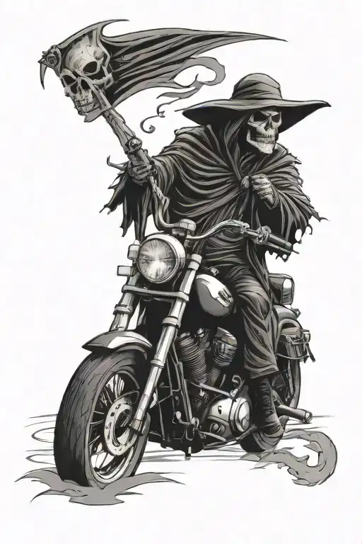 grim reaper riding a Harley Davidson down an old highway with a Harley logo in it. some smoke and skulls tattoo design idea
