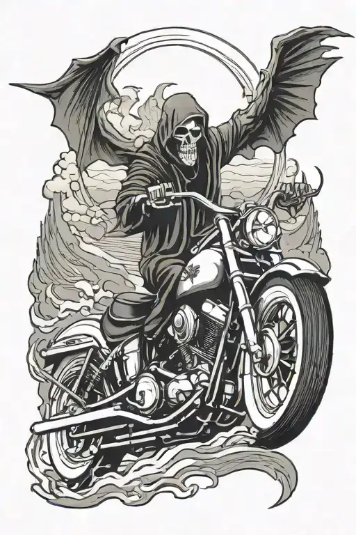 grim reaper riding a Harley Davidson down an old highway with mountains in the back, smoke and flames throughout. tattoo design idea