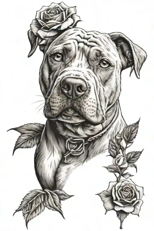 Pitbull terrier face with a rose flower with thorns. tattoo design idea