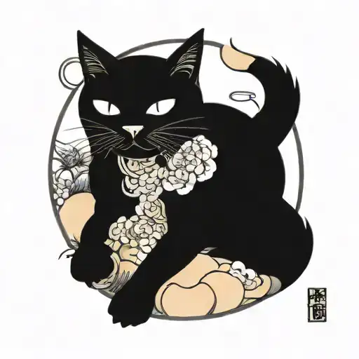 Black cat with a curled tail around a moon tattoo design idea