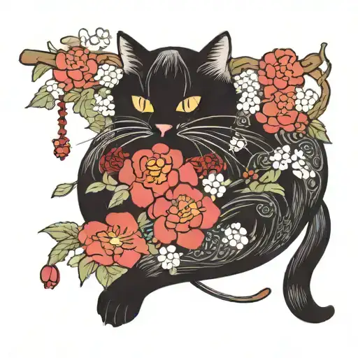 Short hair Black cat with a curled tail napping with cherry blossums  tattoo design idea