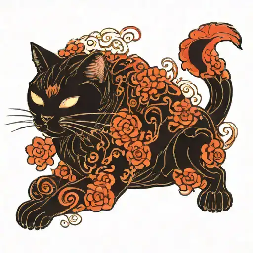 Black cat with a curled tail napping tattoo design idea
