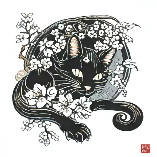 Black cat with a curled tail napping with cherry blossums  tattoo design idea