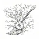 A surreal tattoo of a large tree with branches shaped like bass guitars, blending your love for nature and music together tattoo design idea