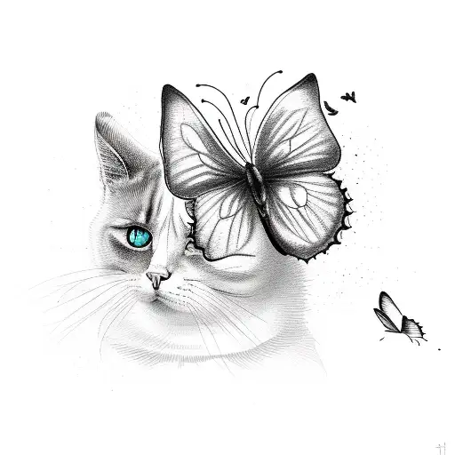 A minimalist design of a cat and a dog playing together with a butterfly flying above them tattoo design idea