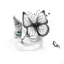 A minimalist design of a cat and a dog playing together with a butterfly flying above them tattoo design idea