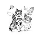 A minimalist design of a cat and a dog playing together with a butterfly flying above them tattoo design idea