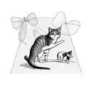 A minimalist design of a cat and a dog playing together with a butterfly flying above them tattoo design idea
