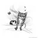 A minimalist design of a cat and a dog playing together with a butterfly flying above them tattoo design idea