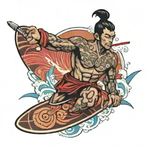 A Muay Thai fighter riding a surfboard with a lightsaber in hand tattoo design idea