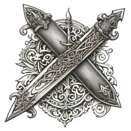 Medieval sword morphing into a surfboard tattoo design idea