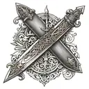 Medieval sword morphing into a surfboard tattoo design idea