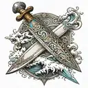 Medieval sword morphing into a surfboard tattoo design idea