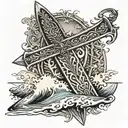 Medieval sword morphing into a surfboard tattoo design idea