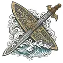 Medieval sword morphing into a surfboard tattoo design idea