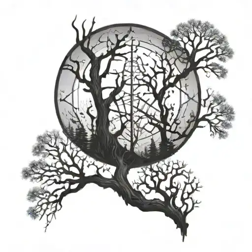 dead trees pentagrams in the night tattoo design idea