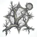 dead trees pentagrams in the night tattoo design idea