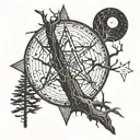 dead trees pentagrams in the night tattoo design idea