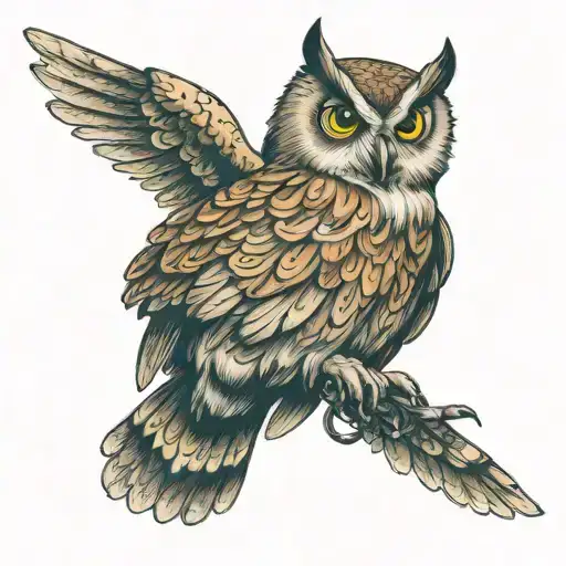 flying owl with a drone in its talons tattoo design idea