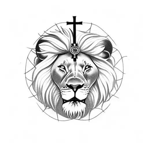 lion with a cross that says Matthew 19:25 tattoo design idea