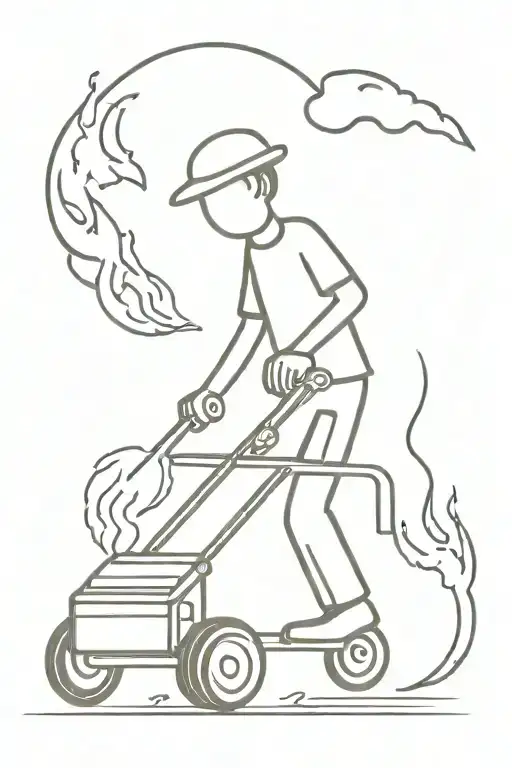 Stick figure with push mower putting out a fire tattoo design idea
