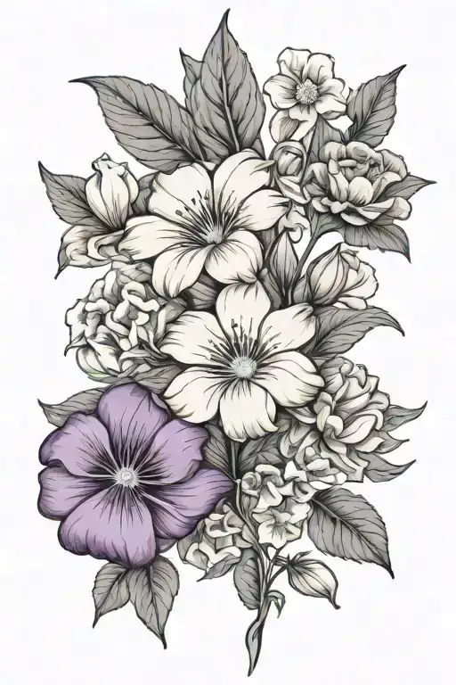 Sweet pea Flower, calendula flower, violet flower, aster flower, morning glory flower tattoo design idea