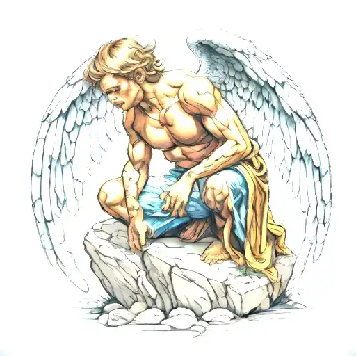 male arch angel on knees looking up to heaven tattoo design idea