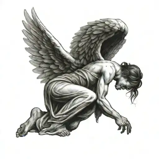 kneeling arch angel looking up to God tattoo design idea