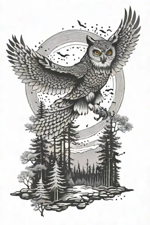 flying owl, walking wolf and forest scene tattoo design idea