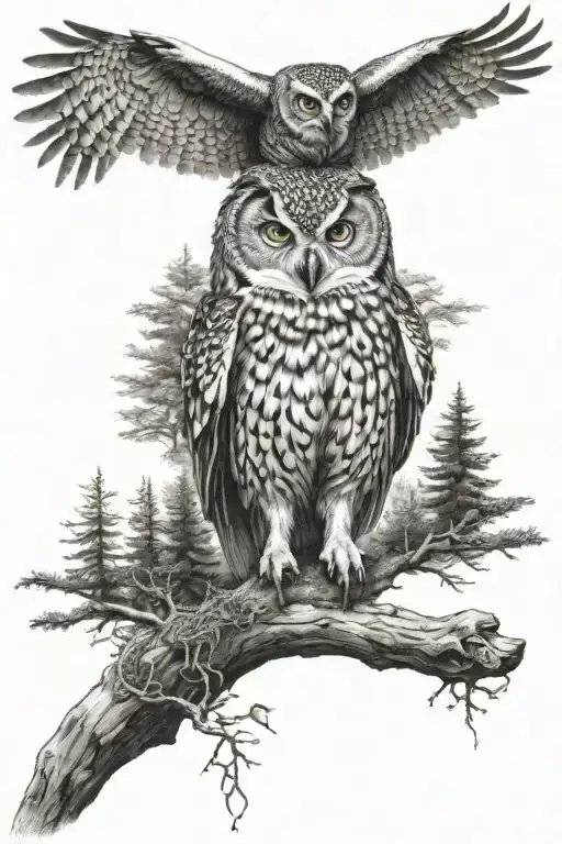 flying owl, walking wolf and forest scene tattoo design idea