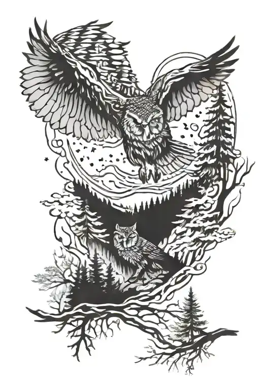 flying owl, walking wolf and forest scene tattoo design idea