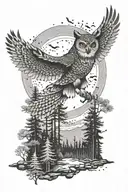 flying owl, walking wolf and forest scene tattoo design idea